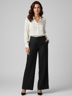 The LOFT Clean Wide Leg Pants in Linen Blend Black Size 14